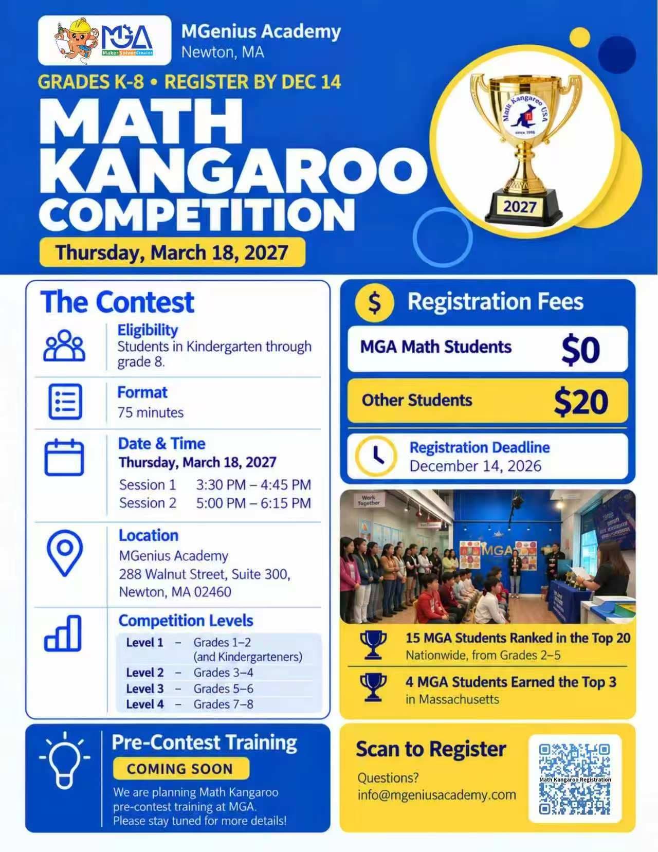 Math Kangaroo 2027 at MGenius Academy flyer with registration QR code