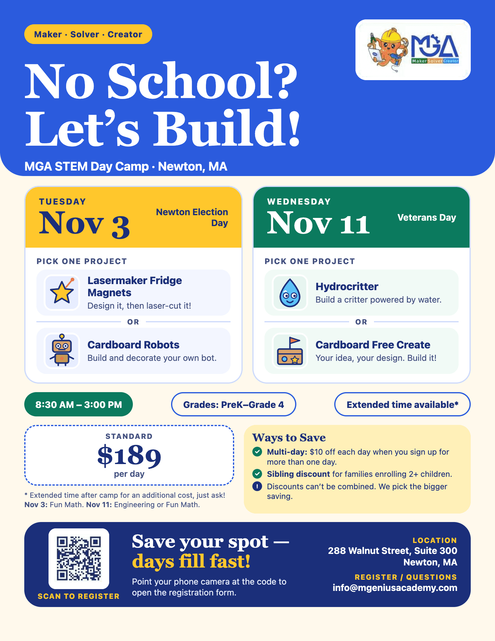 No School? Let's Build! — MGA STEM Day Camp, Nov 3 & Nov 11, PreK–Grade 4, Newton, MA