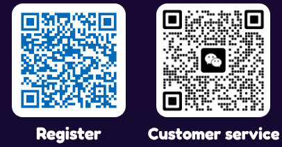 QR codes: Register (left) and Customer service on WeChat (right)